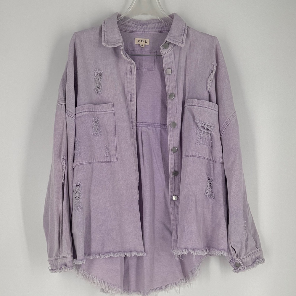 POL Lavender Distressed Denim Shacket NWOT